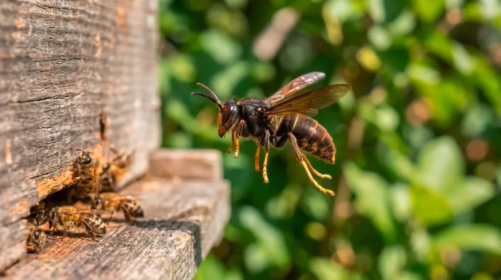 Frelon asiatique en vol devant une ruche et des abeilles