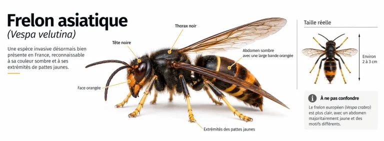 Illustration du frelon asiatique Vespa velutina avec ses principaux critères d’identification