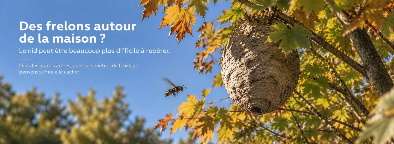 Nid de frelons asiatiques dissimulé dans le feuillage d’un grand arbre