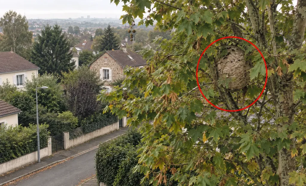 Localiser un nid de frelon asiatique caché dans un arbre en zone pavillonnaire