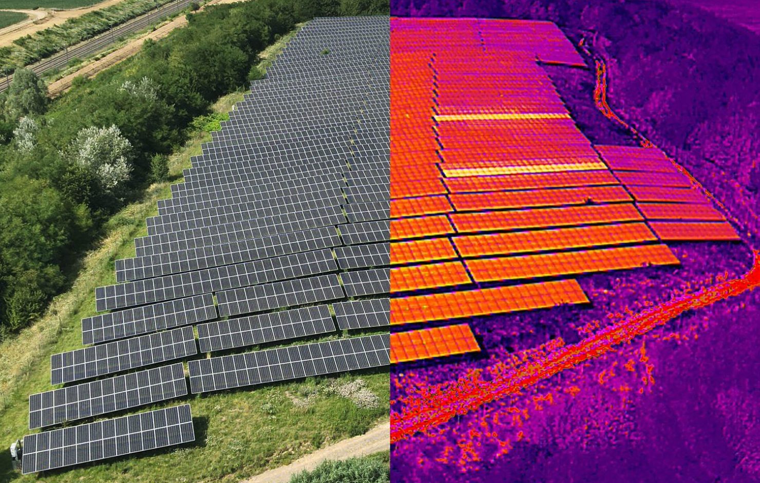 inspection-centrale-photovoltaique-drone-thermique V_IR.jpg Comparaison entre une photographie aérienne classique et une image thermique réalisée par drone. La thermographie infrarouge permet de visualiser les écarts de température et d’identifier rapidement les panneaux présentant un comportement thermique inhabituel.